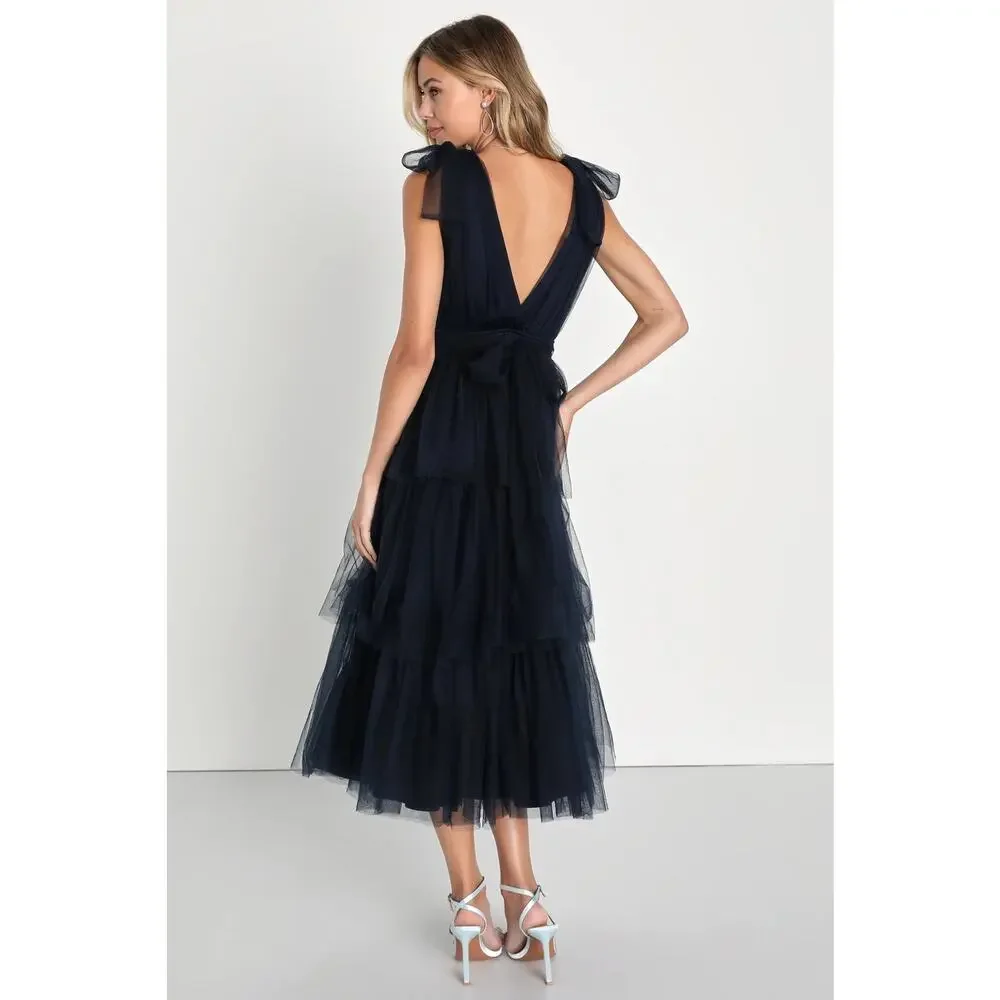 NWT Lulus Flawless Arrival Navy Blue Tulle Tie-Strap Tiered Maxi Dress Size L